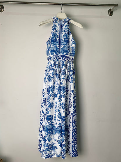 A-Line Loose Flower Print Split-Joint Lapel Maxi Dresses