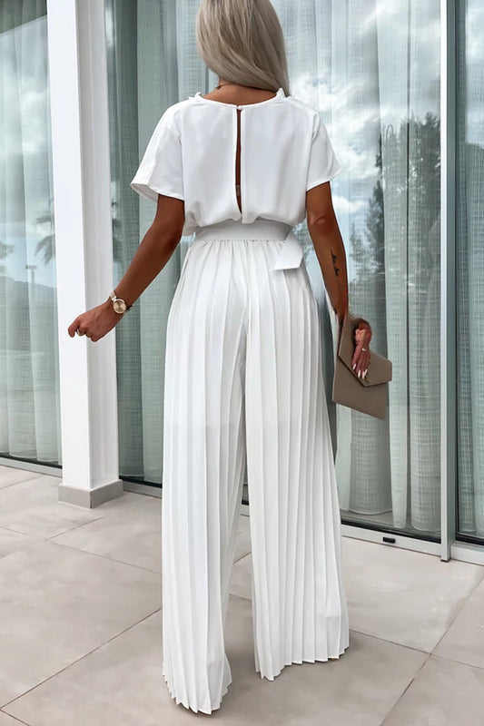 Ivy Cowl Neck Short Sleeve Belt Pleated Loose Wide Leg Jumpsuit