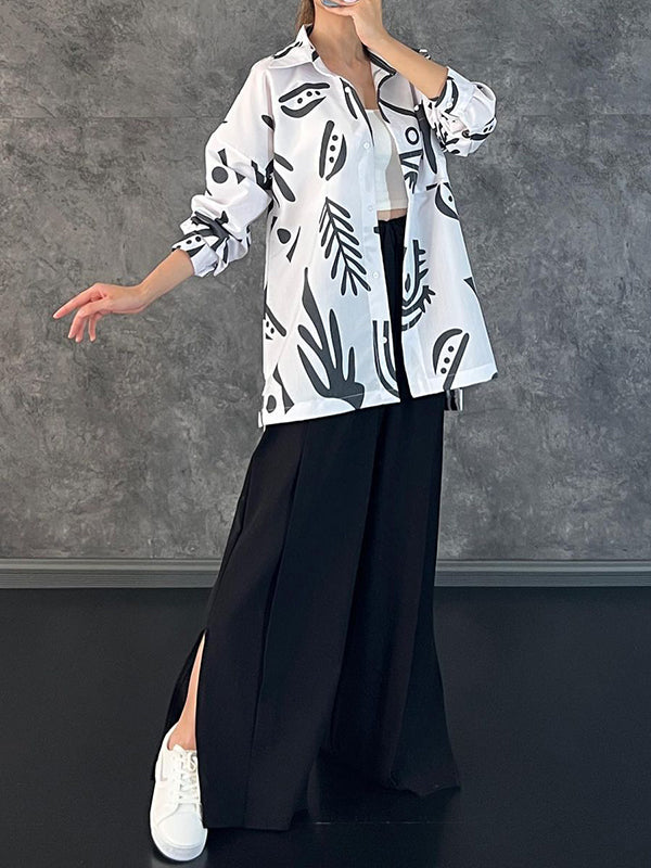 Lapel Printed High-Low Blouse+ Elasticity High Waisted Split-Side Pants Bottom Two Pieces Set
