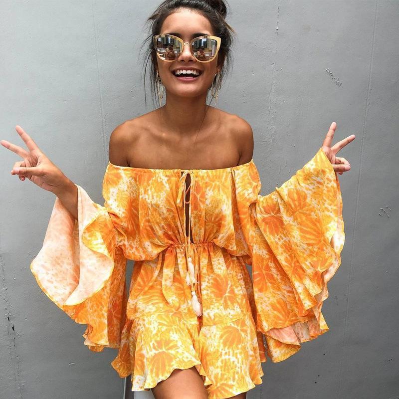 Stylish Bohemia Floral Print Jumpsuits Shoulder-Off Sexy Beach Short Romper