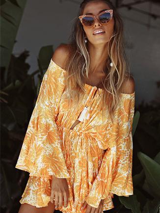 Stylish Bohemia Floral Print Jumpsuits Shoulder-Off Sexy Beach Short Romper