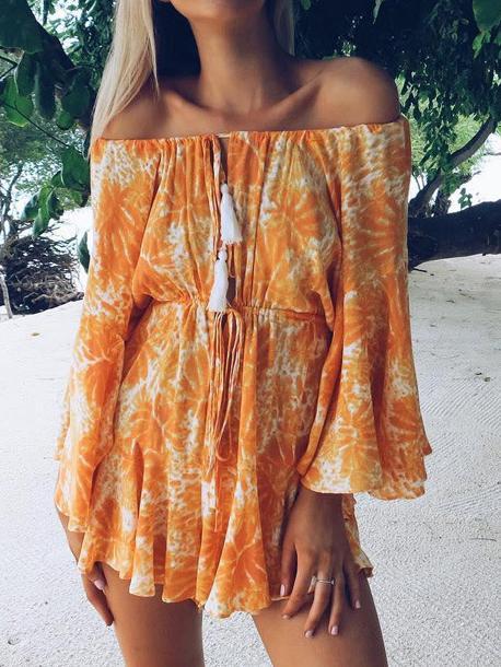 Stylish Bohemia Floral Print Jumpsuits Shoulder-Off Sexy Beach Short Romper