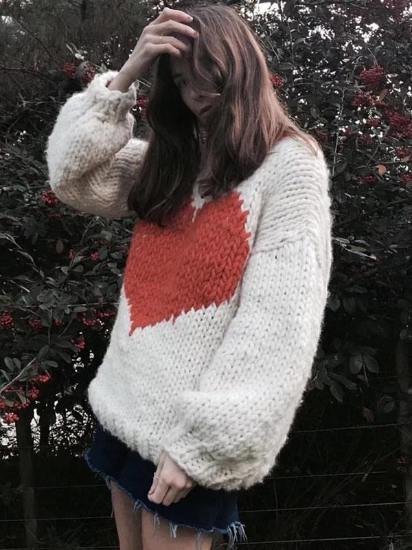 Fashion Knitting Loose Sweet Heart Sweater Tops