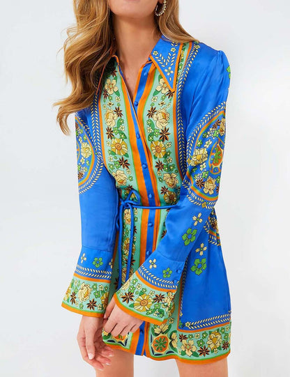 Lapel Floral Buttons Belt MIni Dresses
