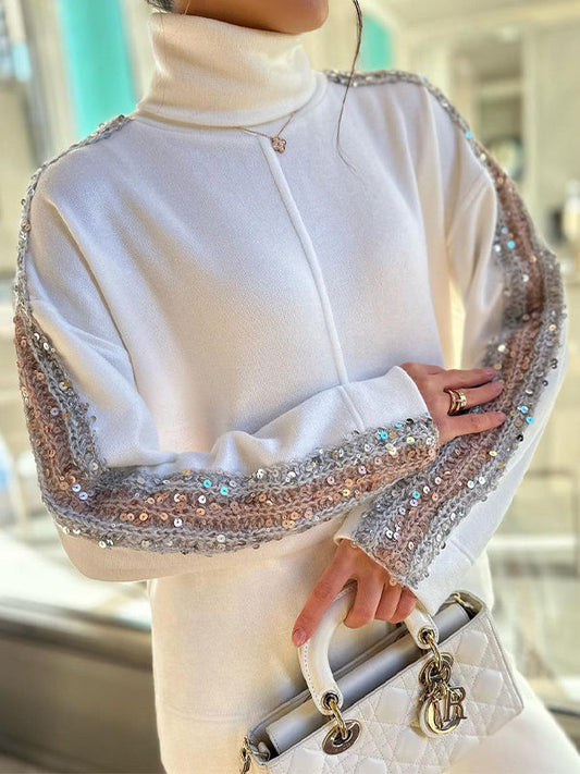 Wrap Contrast Color Sequined Split-Joint High-Neck Sweater Tops&Pants Suits