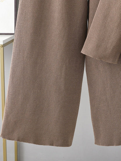 Casual Long Sleeves Irregularity Split-Front Round-Neck Sweater Tops & Wide Leg Pants Two Pieces Set