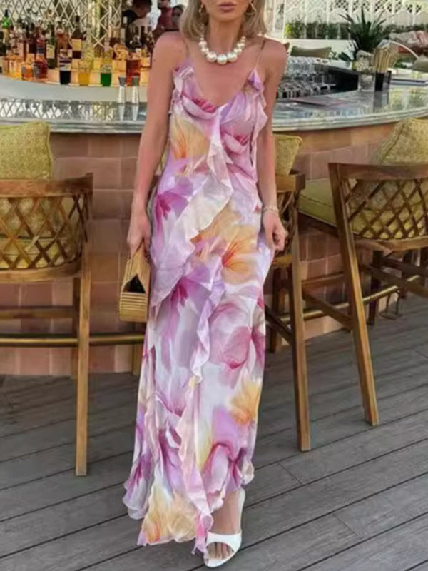 Flower Printed Ruffled Sleeveless Spaghetti-Neck Wrap Maxi Dresses