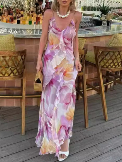 Flower Printed Ruffled Sleeveless Spaghetti-Neck Wrap Maxi Dresses