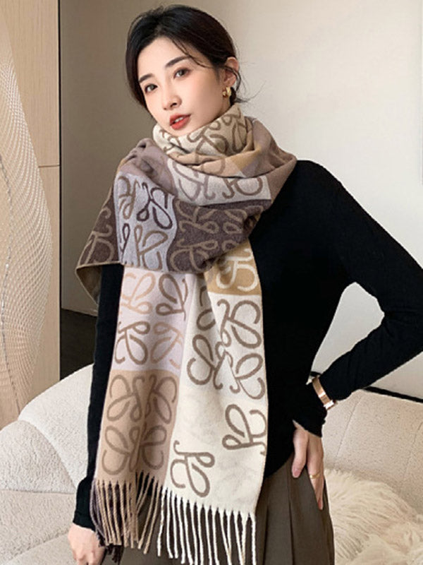 Fashion Contrast Color Printed Tasseled Shawl&Scarf