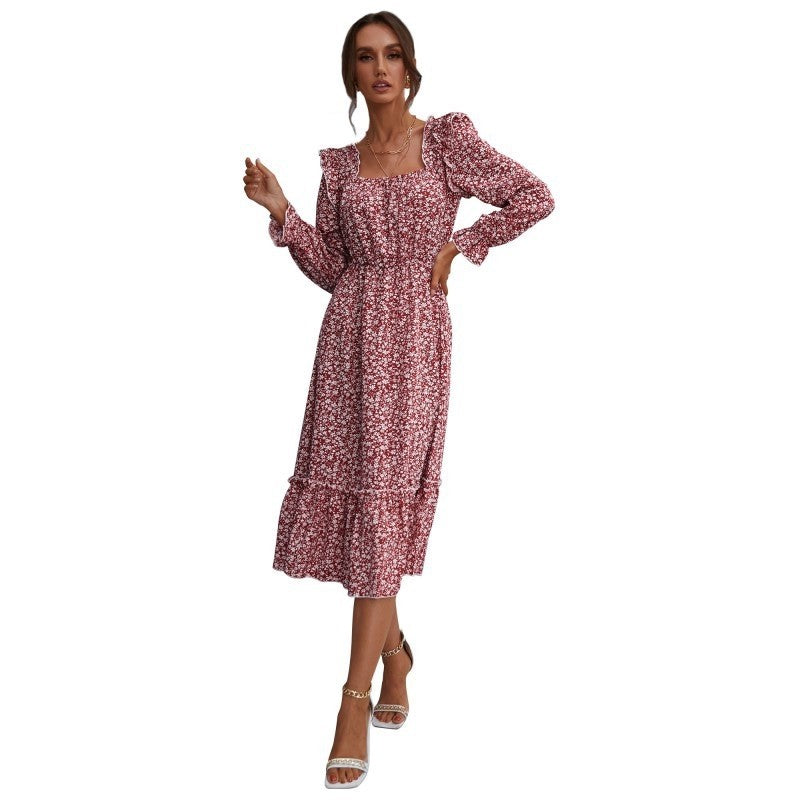 Petal Sleeve Floral Waist Square Neck Dress