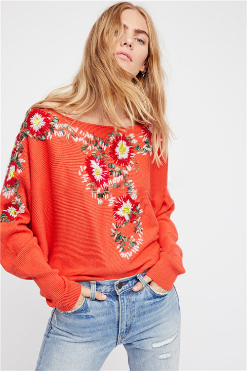 Bohemian National Style Crew Neck Flower Embroidery Thread Loose Sweater Coat