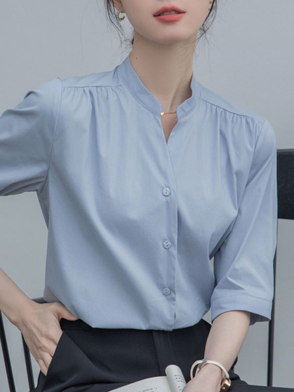 Half Sleeves Loose Buttoned Pleated Solid Color Split-Joint Stand Collar Blouses&Shirts Tops