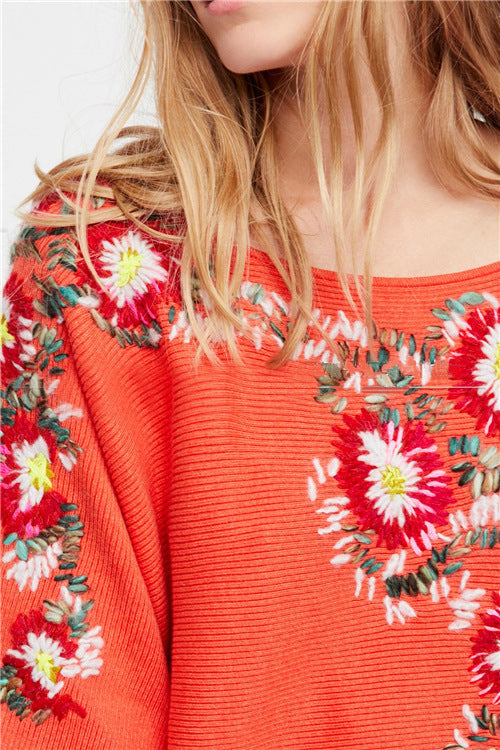 Bohemian National Style Crew Neck Flower Embroidery Thread Loose Sweater Coat