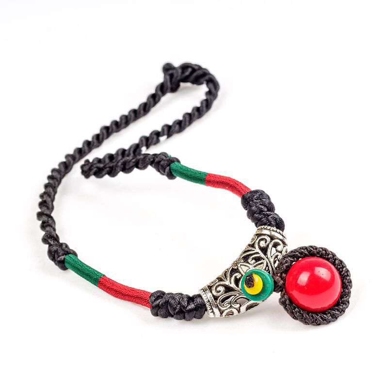 Original National Style Hand-Woven  Buckle Red Ball Women'S Necklace Retro Cotton Hemp Accessory Red Bean Collarbone Chain