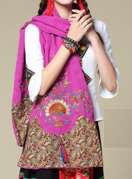 Ethnic Cotton And Linen Wild Long Embroidery Flower Shawl Scarf
