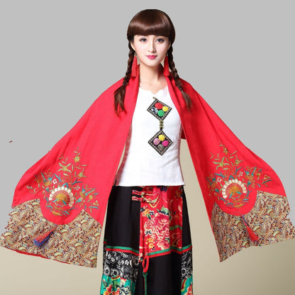 Ethnic Cotton And Linen Wild Long Embroidery Flower Shawl Scarf