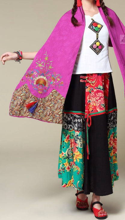 Ethnic Cotton And Linen Wild Long Embroidery Flower Shawl Scarf