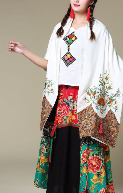 Ethnic Cotton And Linen Wild Long Embroidery Flower Shawl Scarf