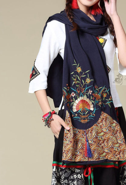 Ethnic Cotton And Linen Wild Long Embroidery Flower Shawl Scarf