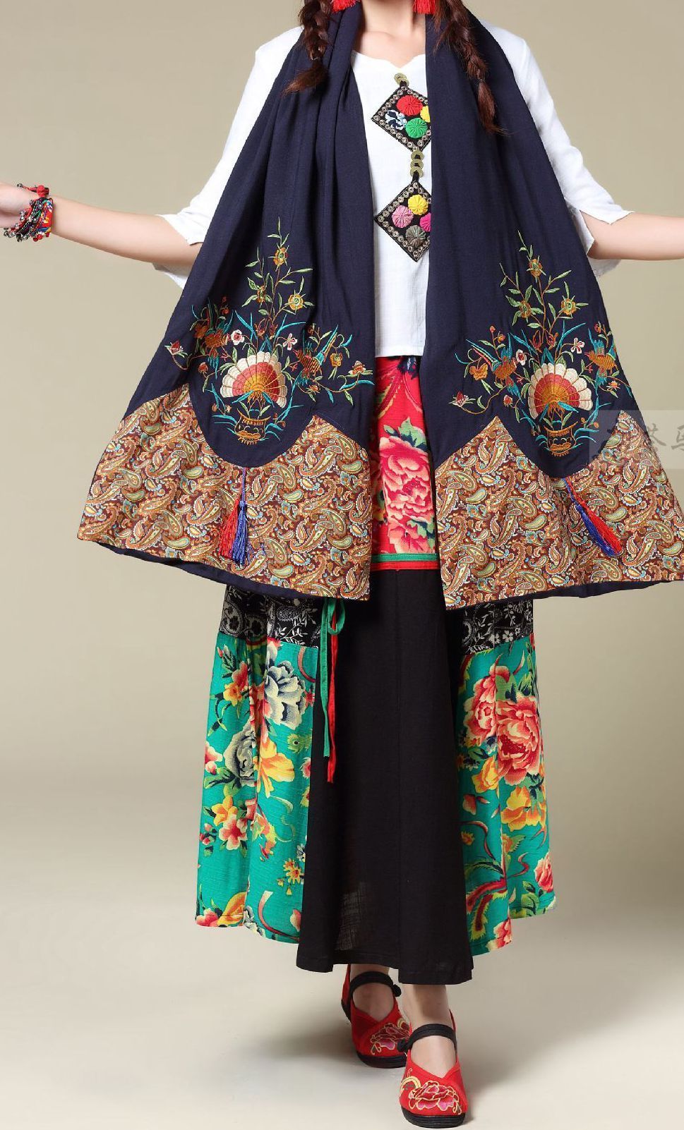 Ethnic Cotton And Linen Wild Long Embroidery Flower Shawl Scarf