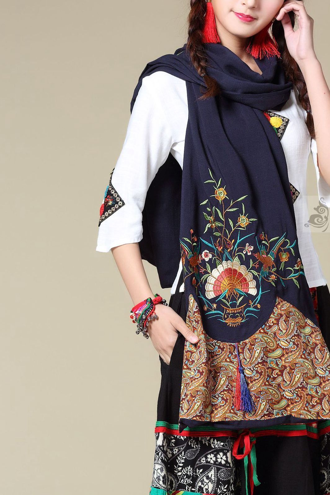 Ethnic Cotton And Linen Wild Long Embroidery Flower Shawl Scarf
