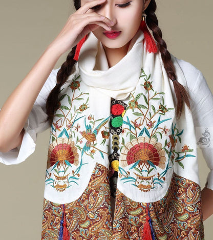 Ethnic Cotton And Linen Wild Long Embroidery Flower Shawl Scarf