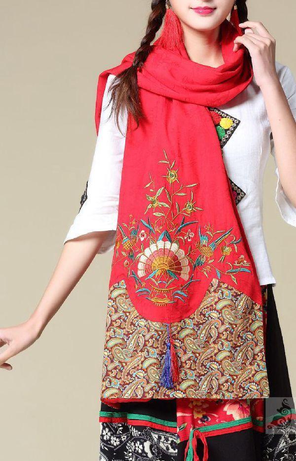 Ethnic Cotton And Linen Wild Long Embroidery Flower Shawl Scarf
