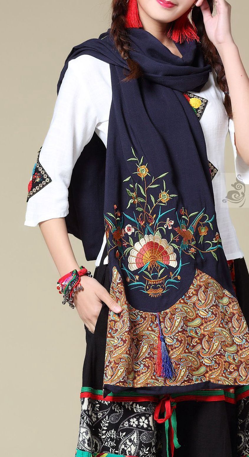 Ethnic Cotton And Linen Wild Long Embroidery Flower Shawl Scarf