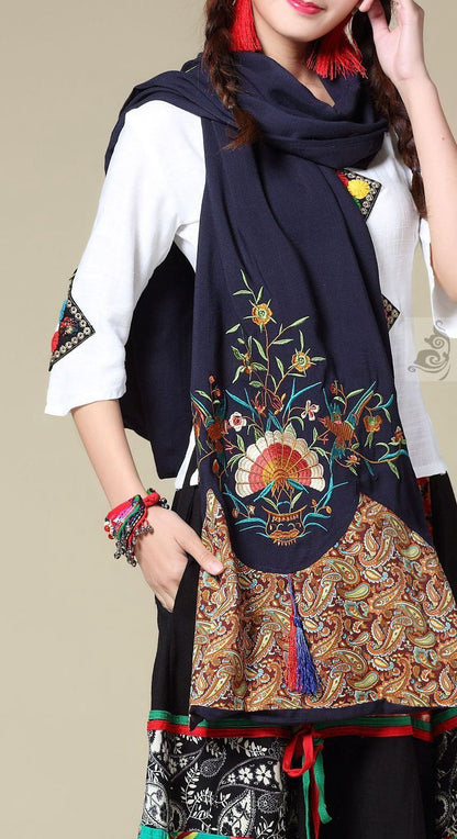 Ethnic Cotton And Linen Wild Long Embroidery Flower Shawl Scarf
