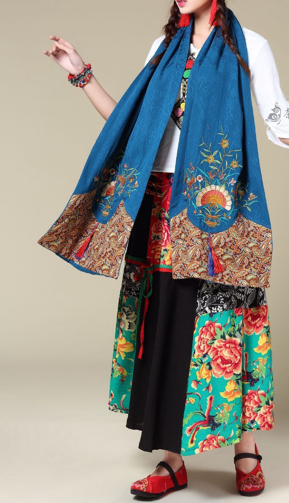 Ethnic Cotton And Linen Wild Long Embroidery Flower Shawl Scarf