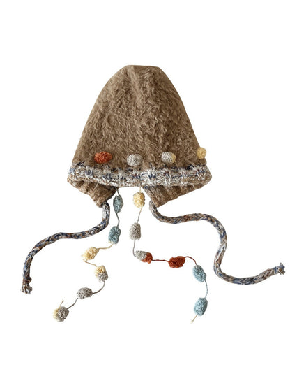 Haila - Winter Knitted Beanie with Pompom &amp; Tassel Braids