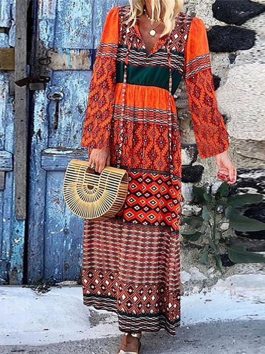 Plus Size Casual Patchwork Lange Mouwen V-Hals Lange Jurk 2019 Nieuwe Mode Lente Herfst Party Dress