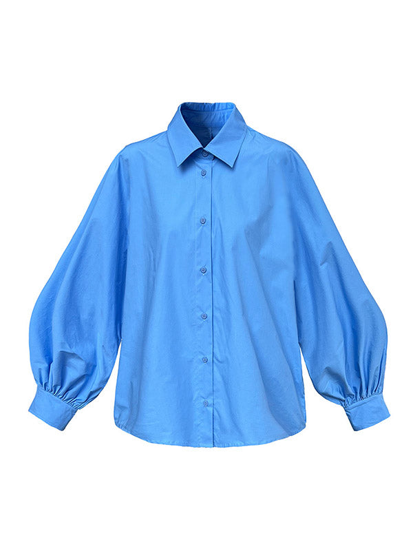 Long Sleeves Loose Buttoned Pleated Solid Color Lapel Blouses&Shirts Tops