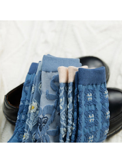 Rufia - Retro Blue Floral Mid-Calf Socks - Classic &amp; Elegant
