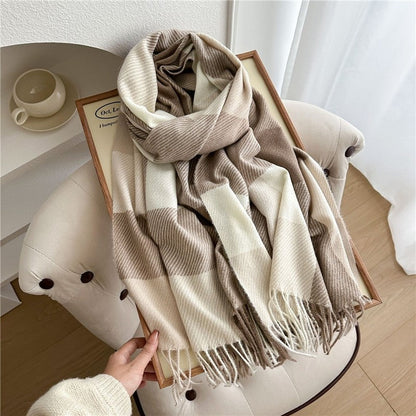 Color Block Plaid Fringe Scarf