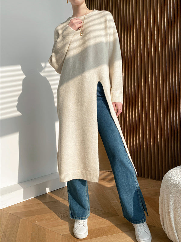 Loose Split-Side Solid Color Round-Neck Knitting Sweater Dresses