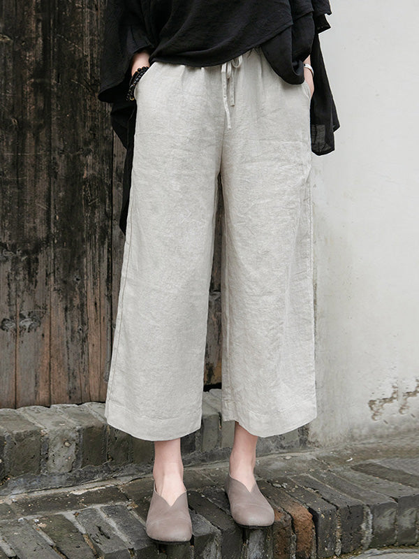 Simple Linen Column Elasticity Waist Bandage Pants
