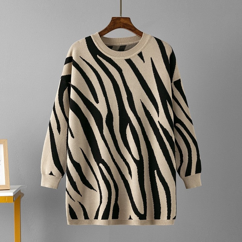 Zebra Print Crew Neck Loose Sweater