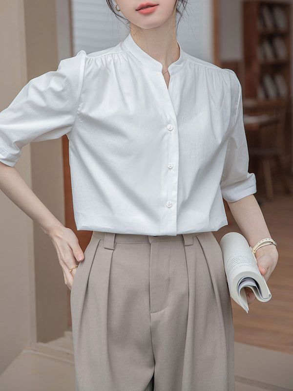Half Sleeves Loose Buttoned Pleated Solid Color Split-Joint Stand Collar Blouses&Shirts Tops