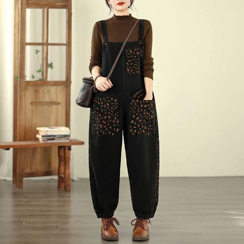 Loose Leg Print Denim Overalls