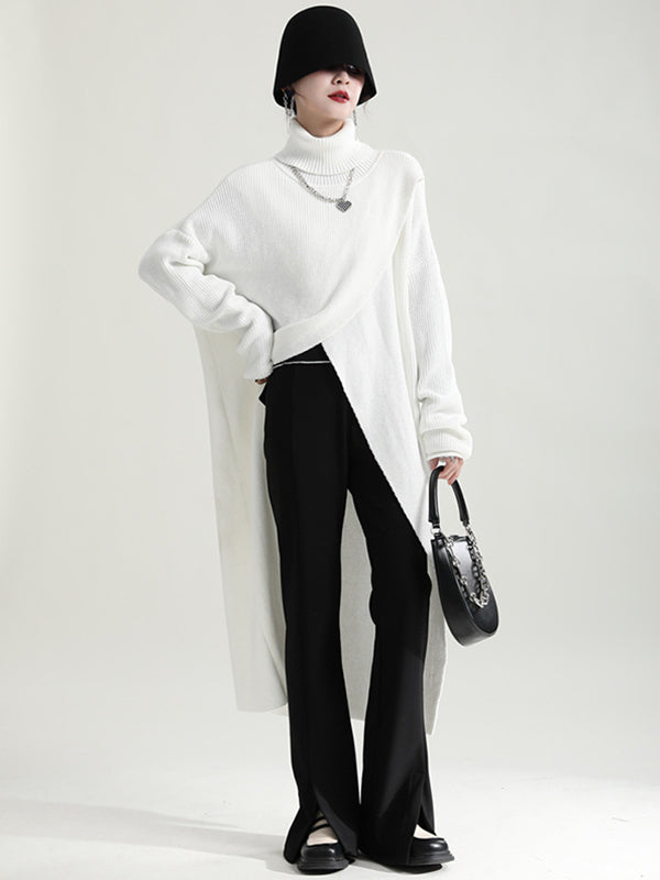 Original High-Low Asymmetric Knitting Dress High-Neck Sweater Dress