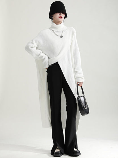 Original High-Low Asymmetric Knitting Dress High-Neck Sweater Dress