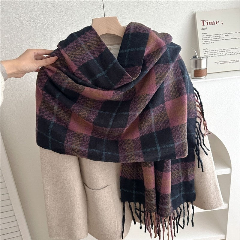 Color Block Plaid Fringe Scarf