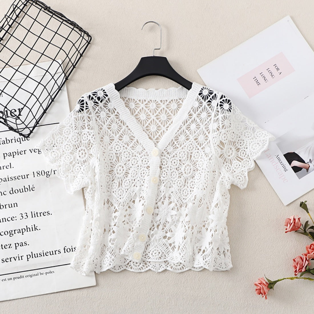 Crosa - Crochet Hollow-Out Short-Sleeve Cardigan