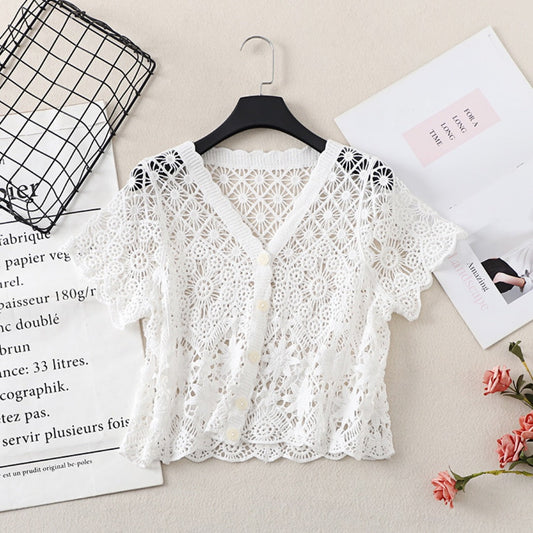Crosa - Crochet Hollow-Out Short-Sleeve Cardigan