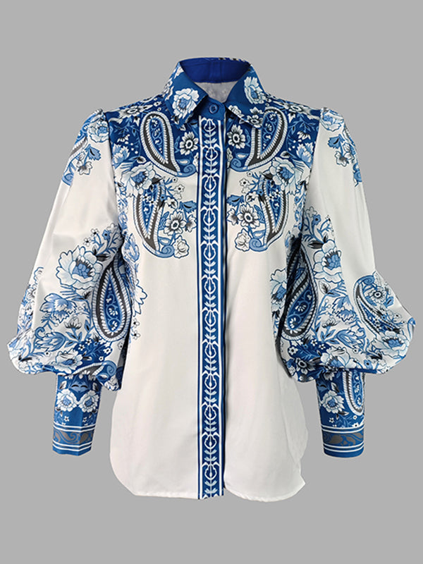 Long Sleeves Loose Buttoned Flower Print V-neck Blouses&shirts Tops