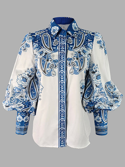 Long Sleeves Loose Buttoned Flower Print V-neck Blouses&shirts Tops