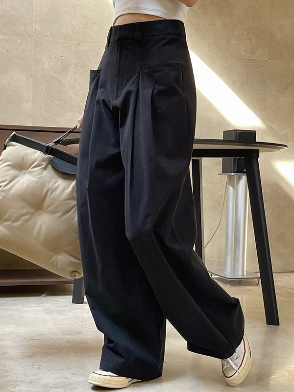 Original Loose Wide Legs Pleated Solid Color Pants
