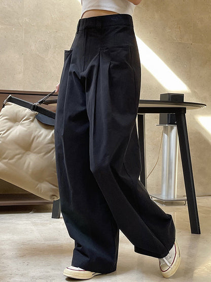 Original Loose Wide Legs Pleated Solid Color Pants