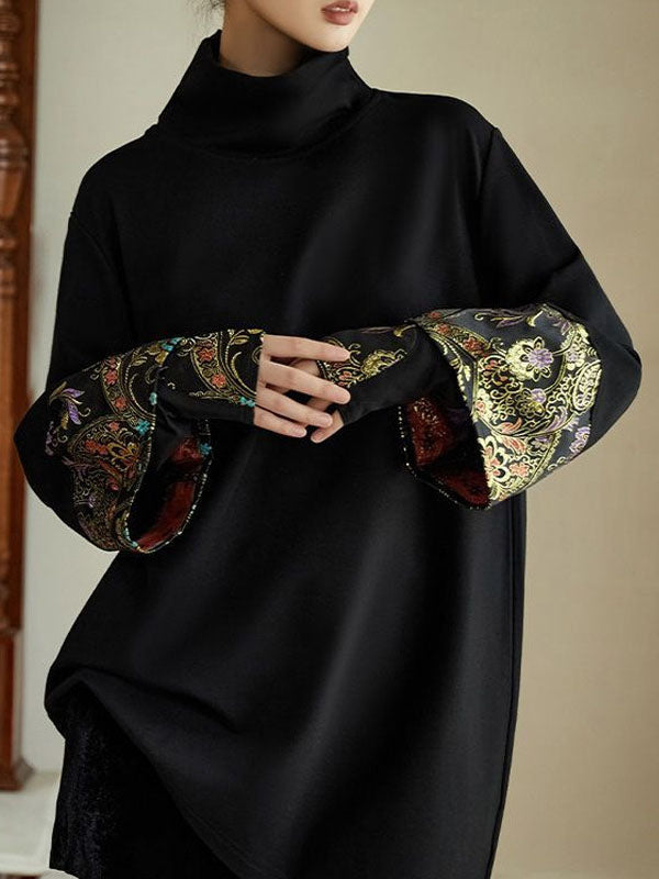 Fake Two-Piece Irregular Clipping Embroidered Split-Joint High Neck Sweatershirt